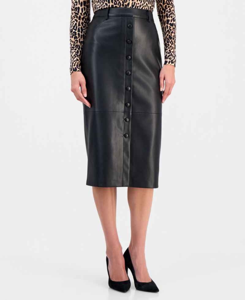 Women's Faux-Leather Button-Front Slim Skirt