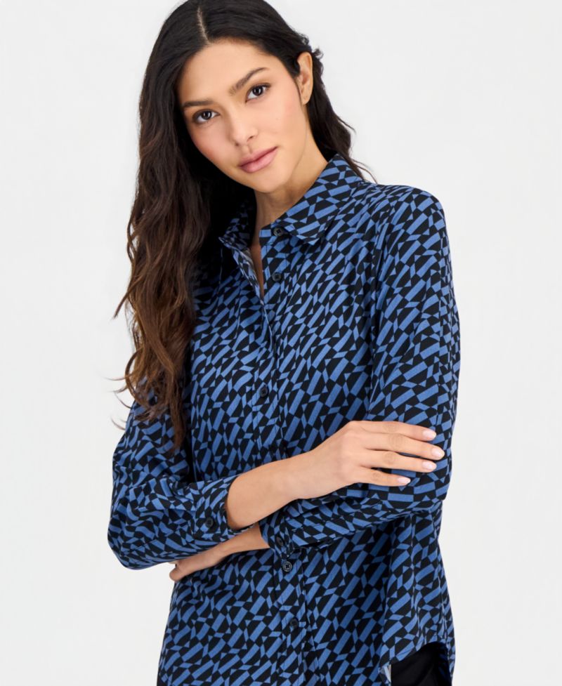 Petite Printed Button-Front Long-Sleeve Blouse