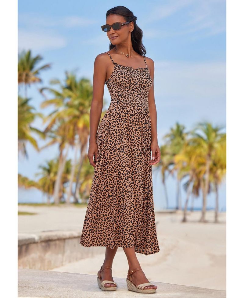 Women's Viscose Animal Print Smocked Square-Neck Midi Dress