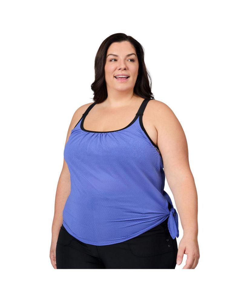 Plus Size Textured Mesh Side Tie Blouson Tankini Top