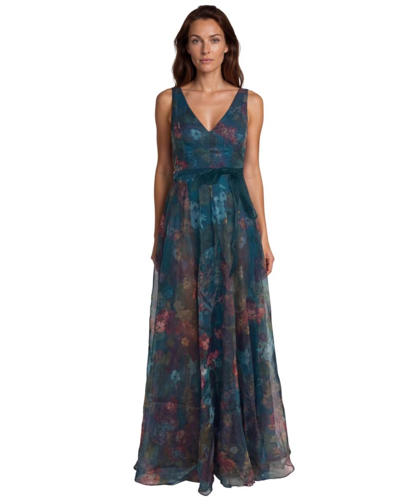 Women's V-Neck Floral-Print A-Line Gown