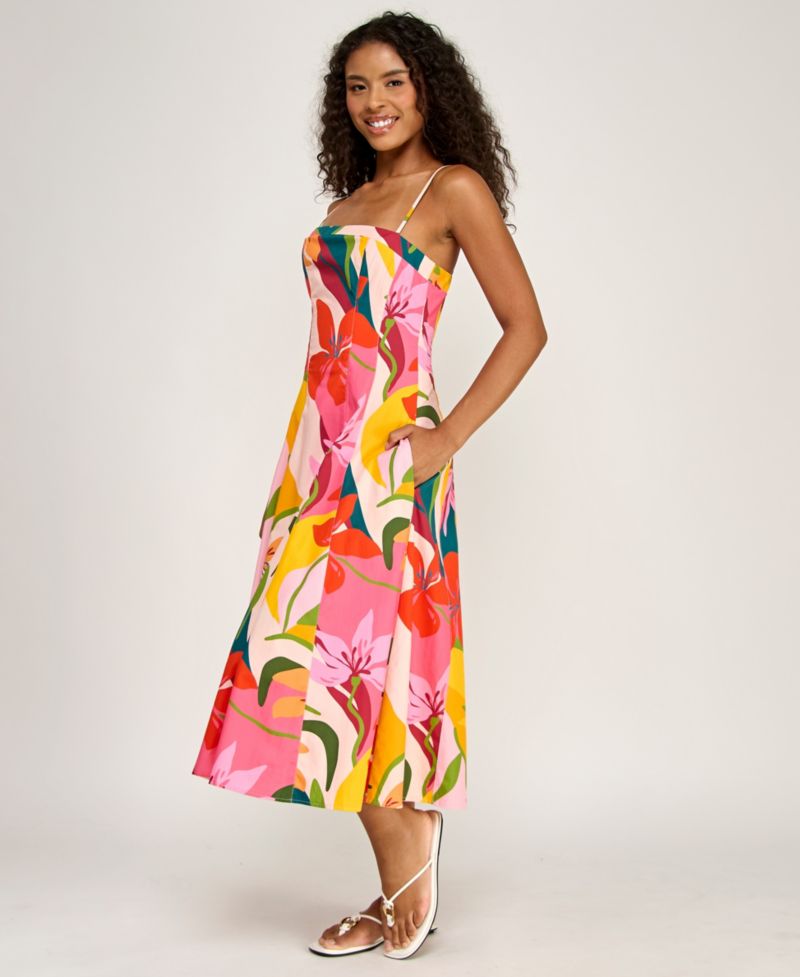 Juniors' Printed Poplin Square Neck Midi Dress