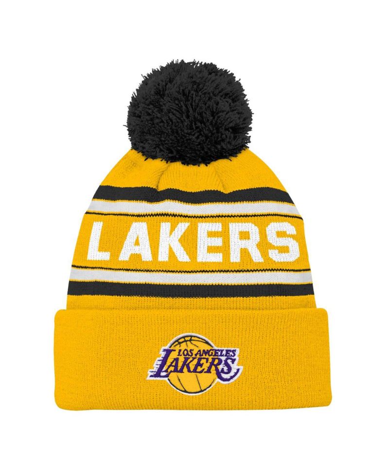 Big Boys and Girls Gold Los Angeles Lakers Backboard Jacquard Cuffed with Pom Knit Hat