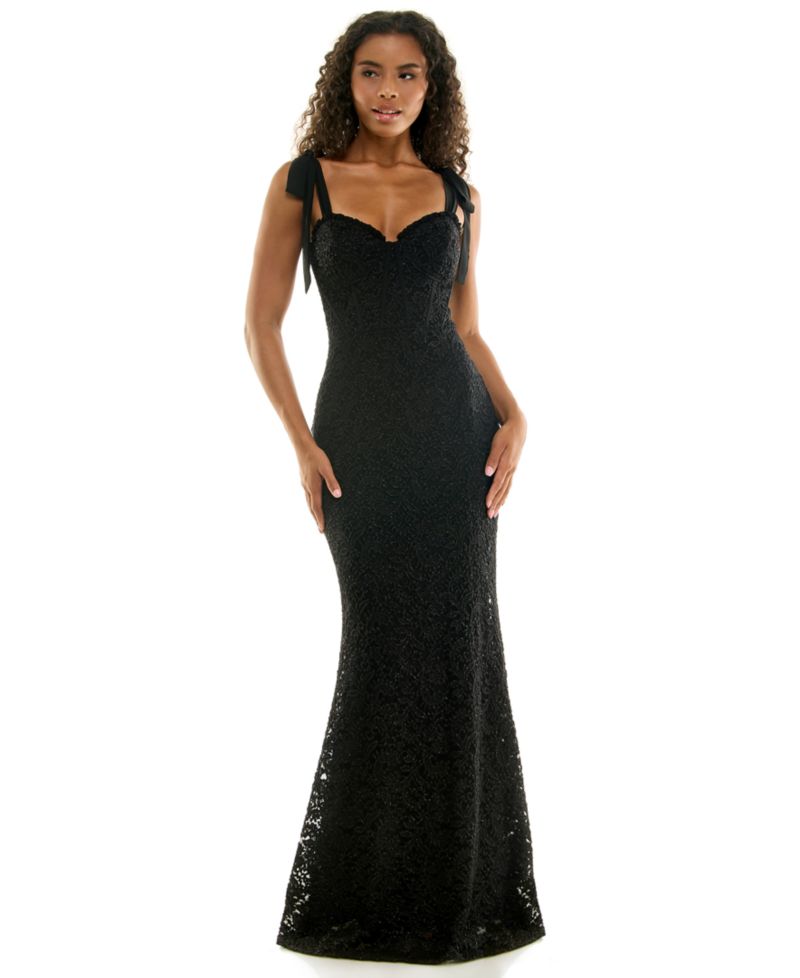 Juniors' Glitter-Lace Tie-Shoulder Sweetheart Gown