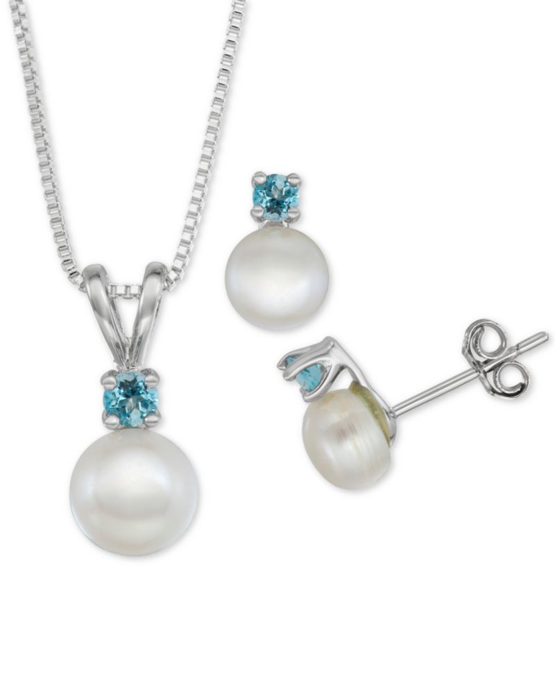 Cultured Freshwater Pearl (6mm-7mm) & Sapphire (1/2 ct. t.w.) 18" Pendant Necklace & Stud Earrings Set in Sterling Silver