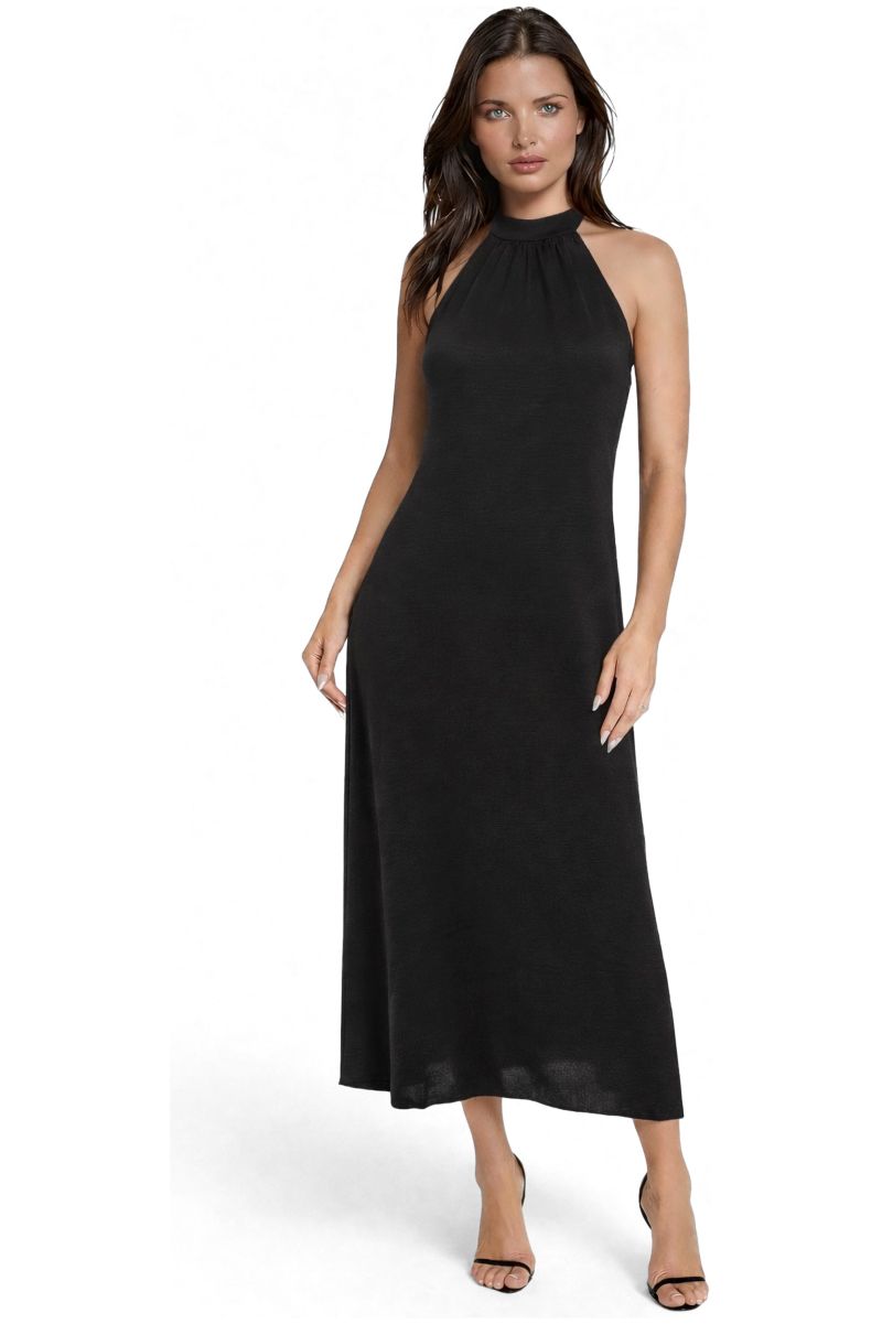 Women's Crushed Satin Mock Neck Maxi Dress