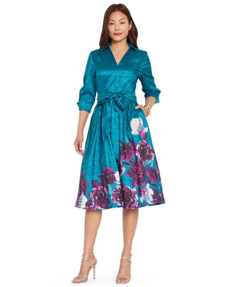 Women's Floral Metallic-Embroidery Fit & Flare Midi Dress