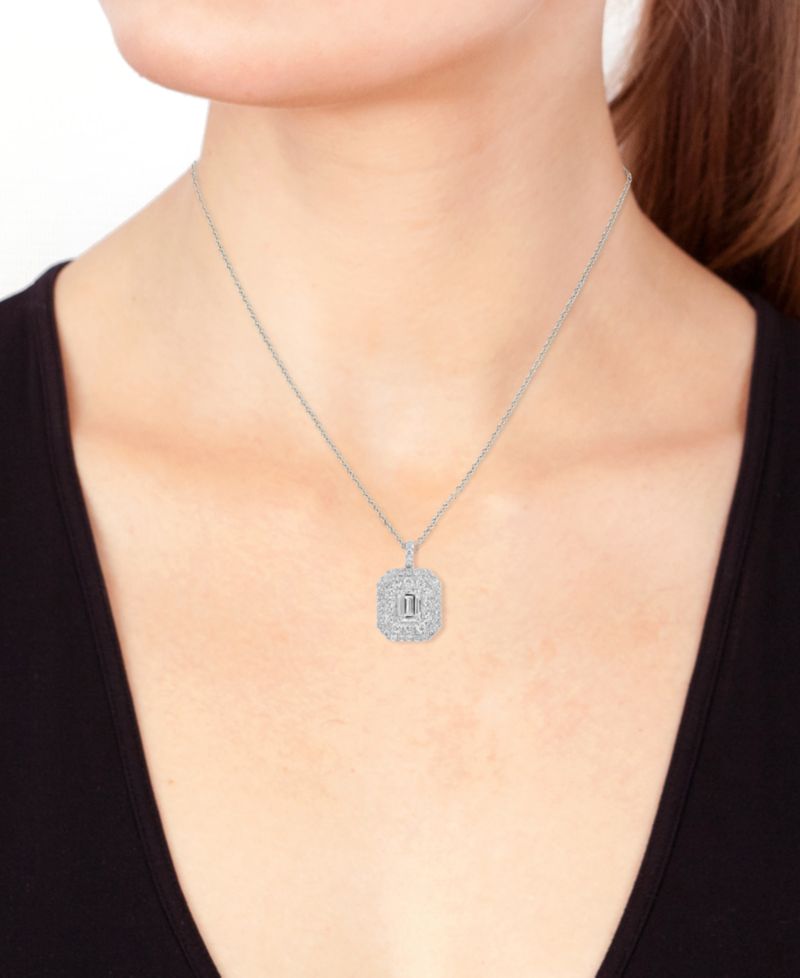 EFFY® Lab Grown Diamond Emerald- & Round-Cut Pendant Necklace (2-1/8 ct. t.w.) in 14k White Gold, 17" + 1" extender