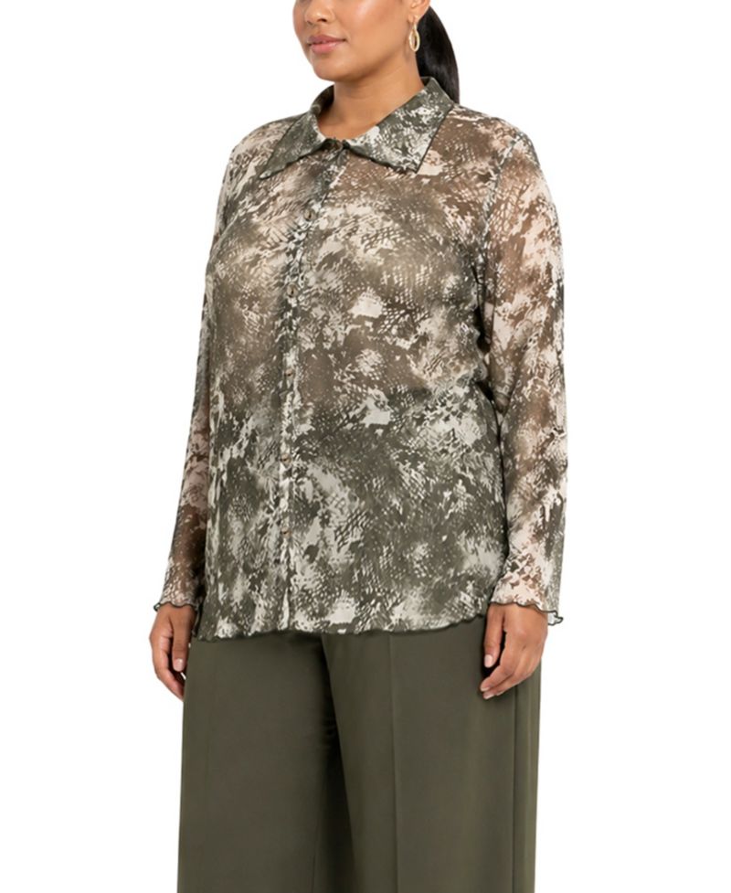 Plus Size Python Mesh Button-Front Shirt