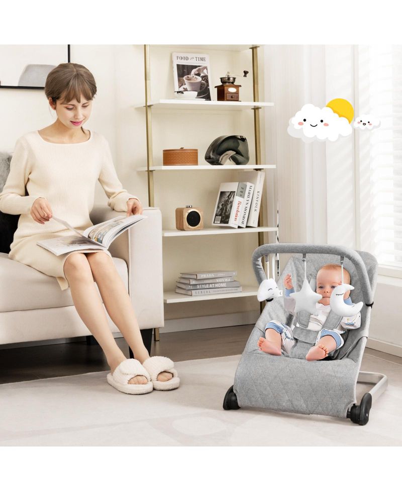 Foldable Infant Bouncer with Removable Fabric Cover and Activity Toy Bar-Grey