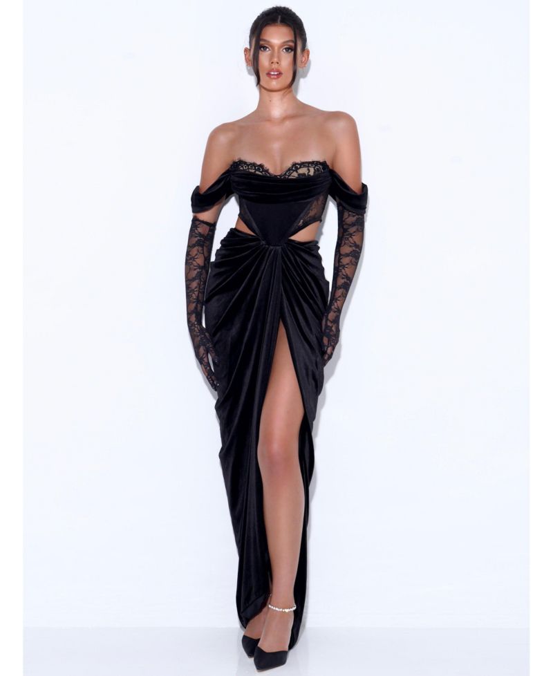 Women's Quintessa Black Lace Velvet Corset Off Shoulder Gown