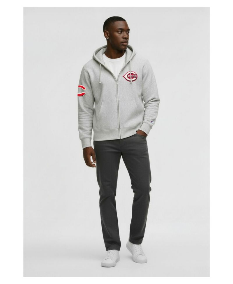 Men's Gray Cincinnati Reds Reverse Weave Chenille Full-Zip Hoodie