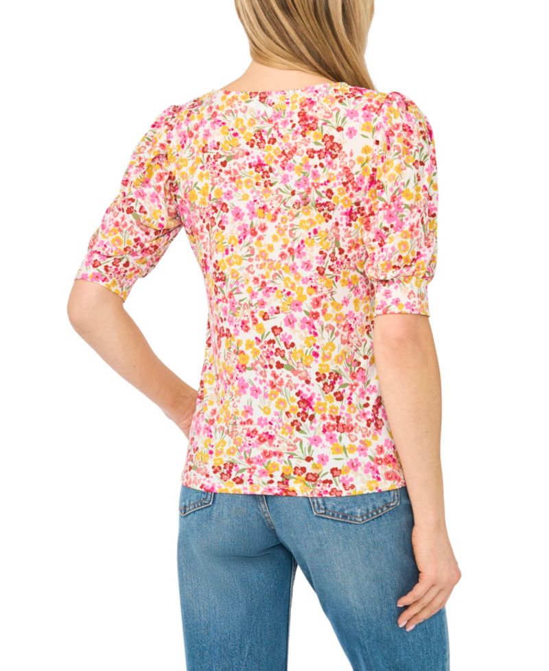 Women's Floral Crewneck 3/4-Sleeve Shirred Top