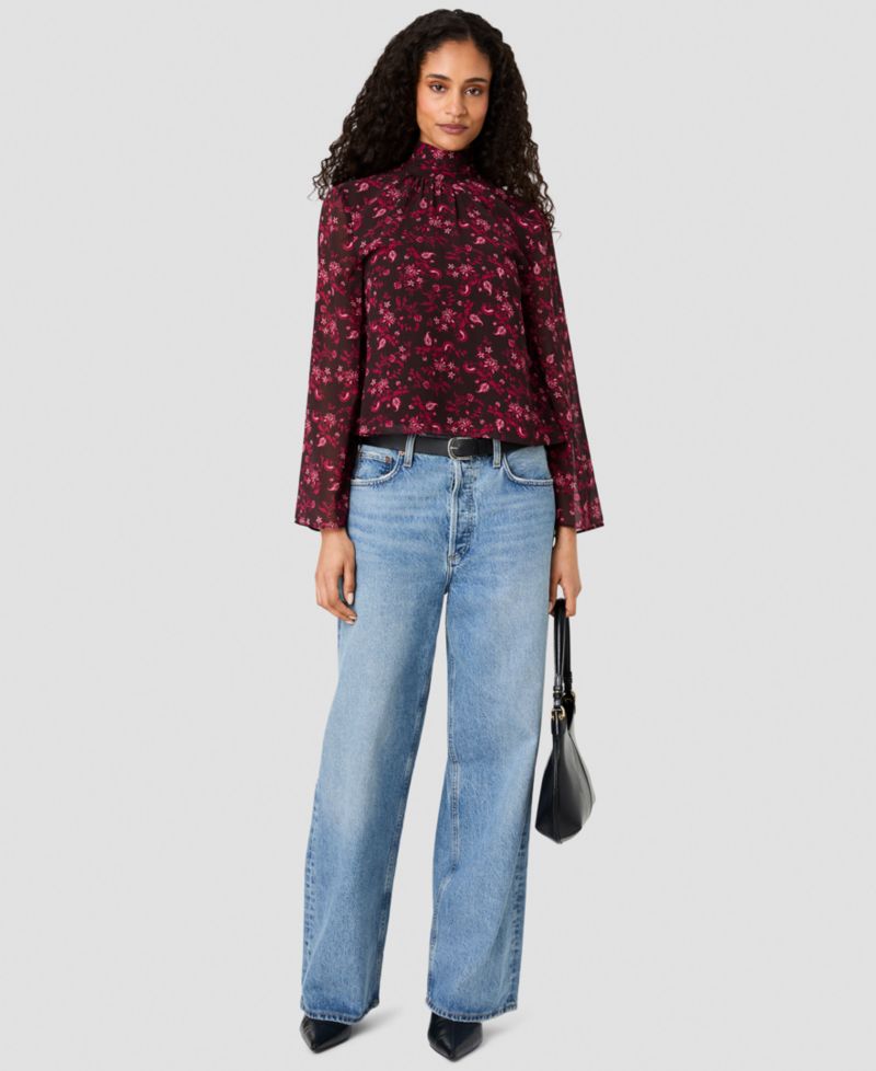 Women's Marina Chiffon Bow Long-Sleeve Mock-Tie Neck Floral-Print Blouse