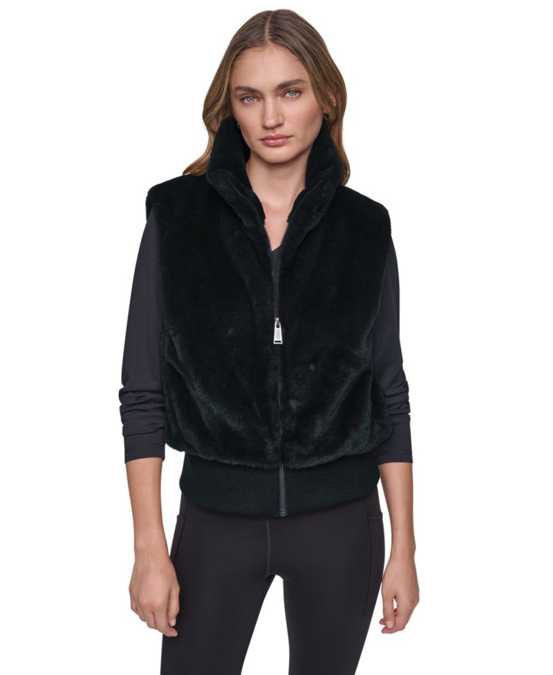 Women's Mock-Neck Ribbed-Knit Hem Faux Fur Vest