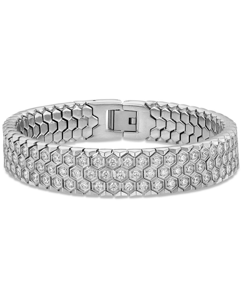 Cubic Zirconia Honeycomb Link Bracelet in Stainless Steel (Also in Black Ion-Plated Stainless Steel)