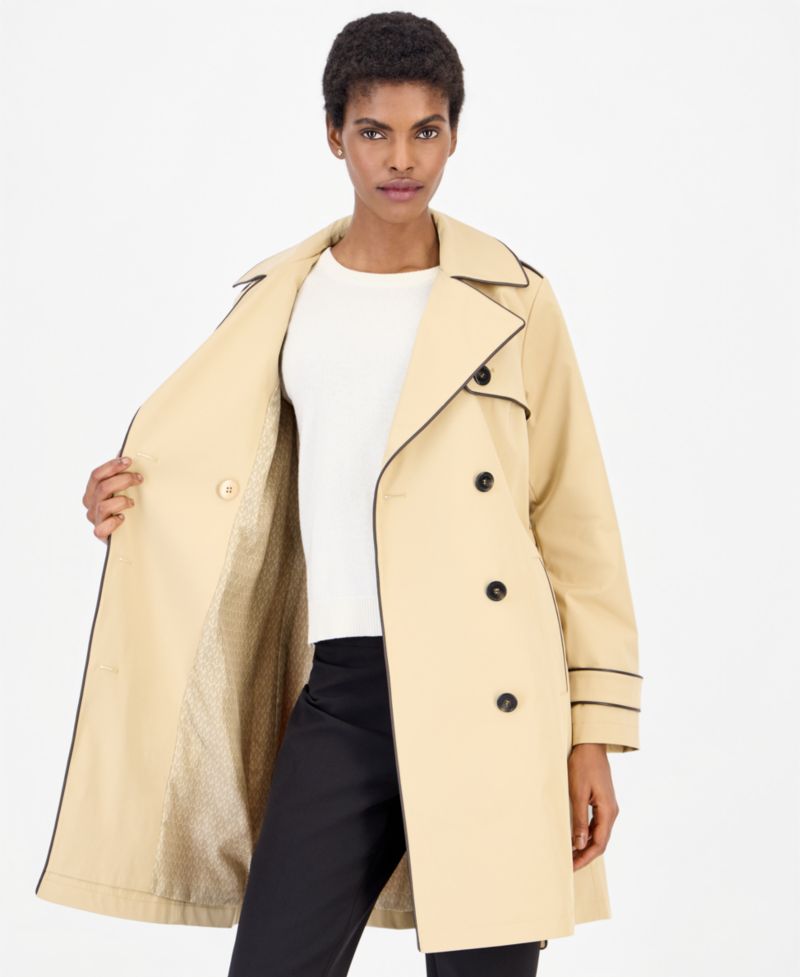 Women's Faux Leather-Trim Button-Front Trench Coat