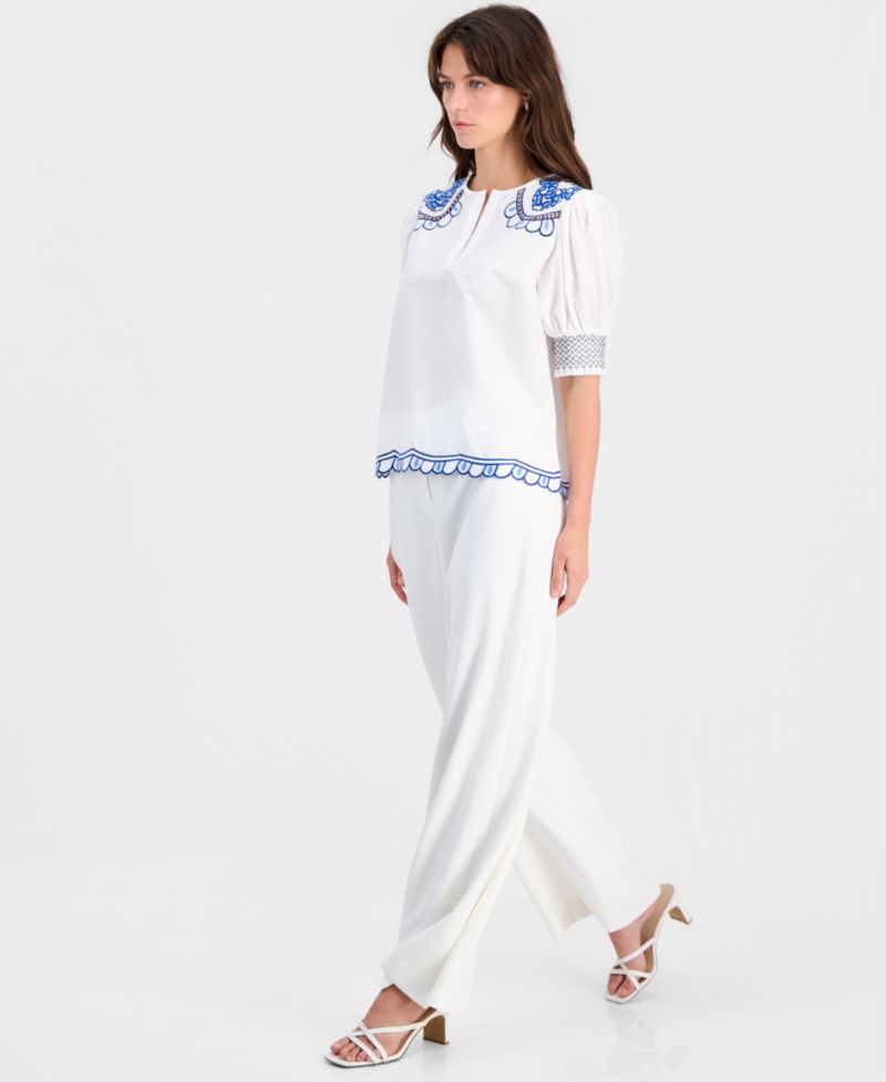 Women's Cotton Embroidered-Trim Split-Neck Top