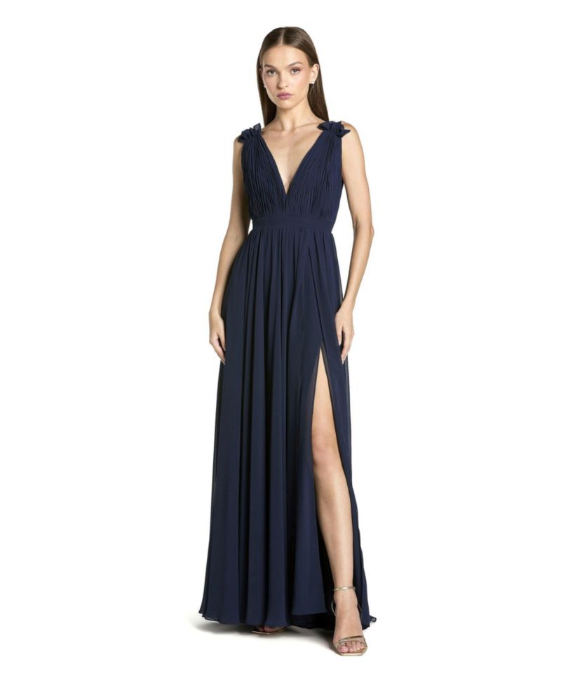 Women's Sleeveless Pleated Chiffon V-Neck Gown