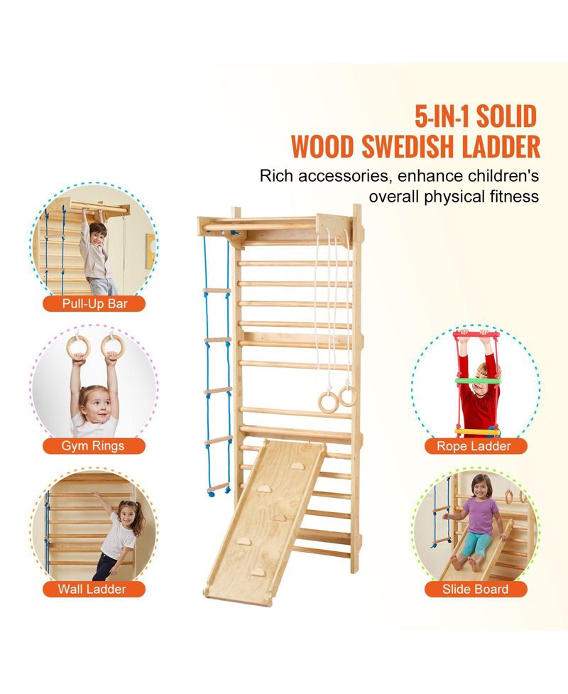 Kids Indoor Playground 5 in 1 Wooden Wall Gym with Swedish Ladder and Slide