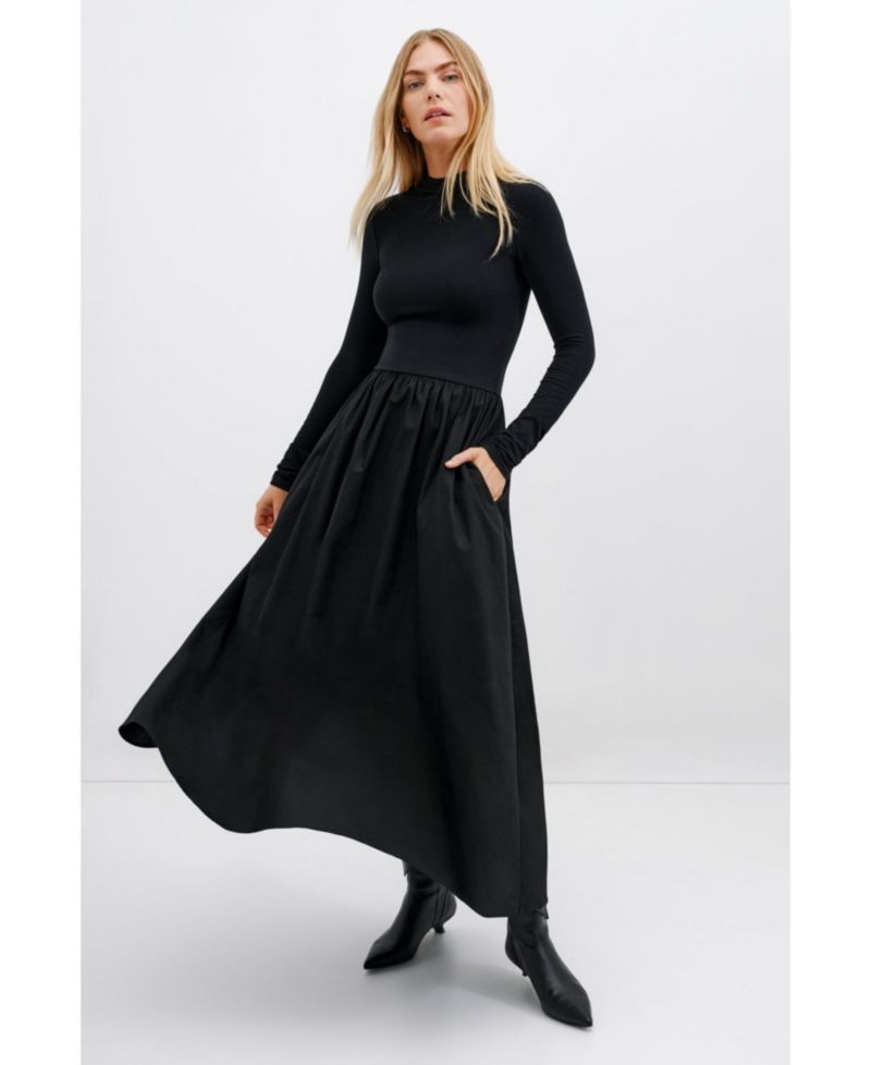 Women's Fillmore Mock-Neck Long-Sleeve Midi Dress with Cotton Skirt and Pockets
