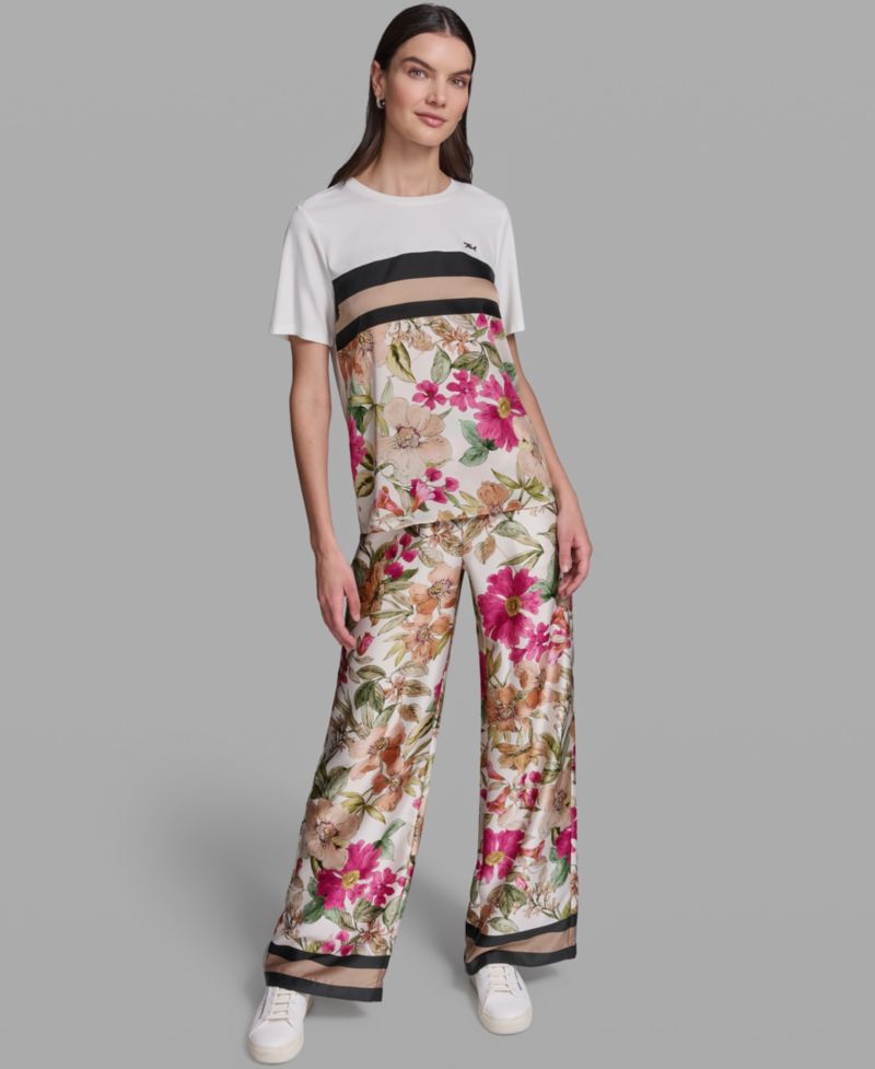 Women's Short-Sleeve Mixed Media Print Knit Top