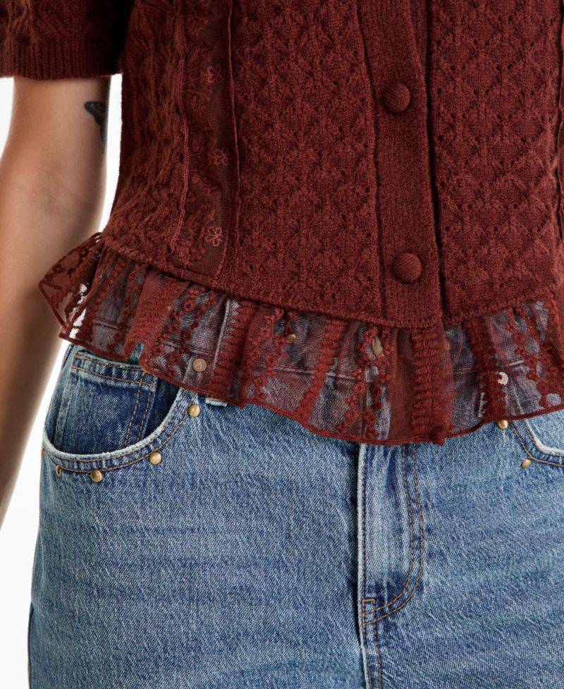 Petite Pointelle Lace-Hem Short-Sleeve Cardigan
