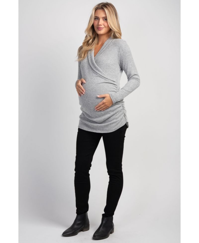 Maternity Nursing Ribbed-Knit Crossover V-Neck Long-Sleeve Top