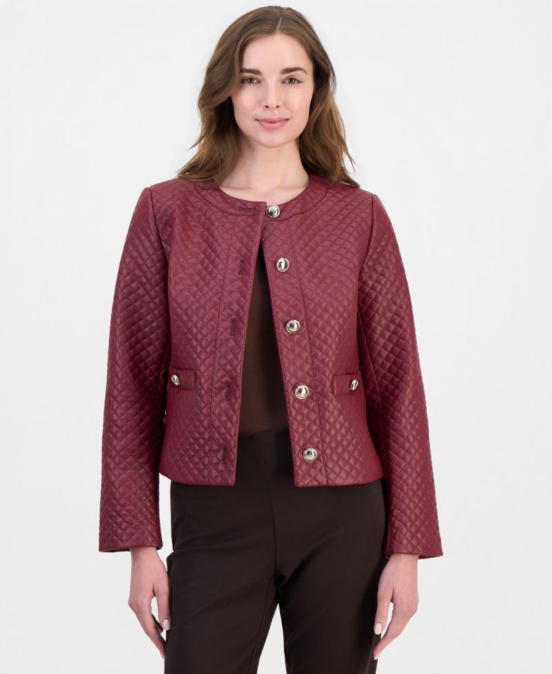 Petite Quilted Faux-Leather Button-Front Jacket