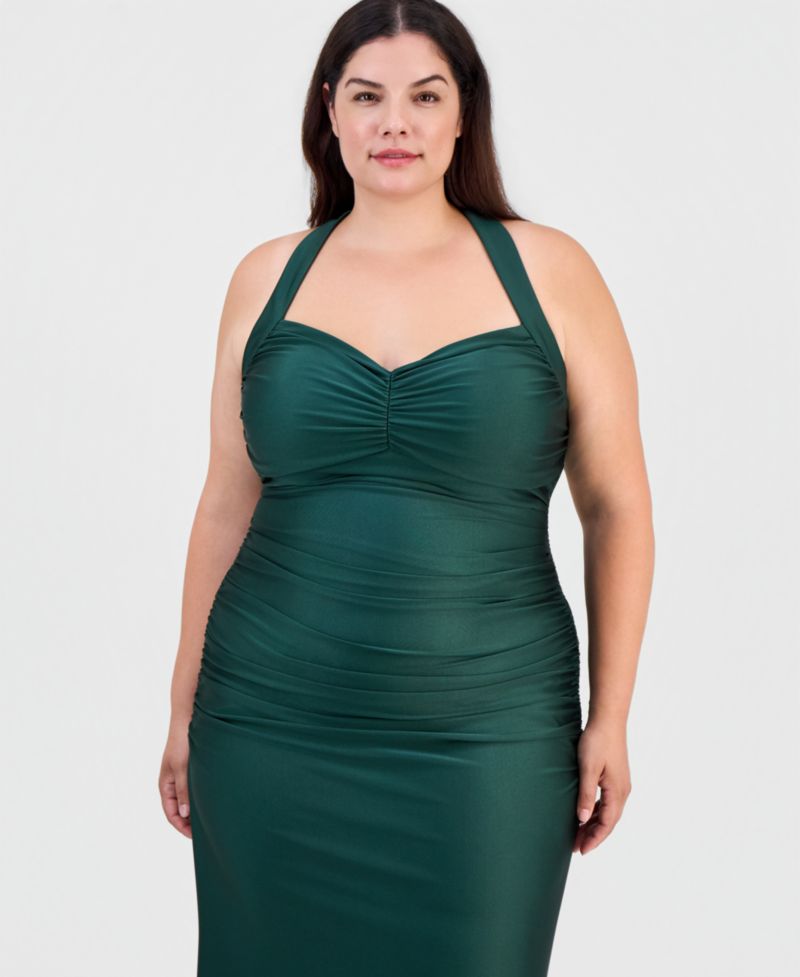 Trendy Plus Size Shiny Knit Ruched Back-Tie Gown