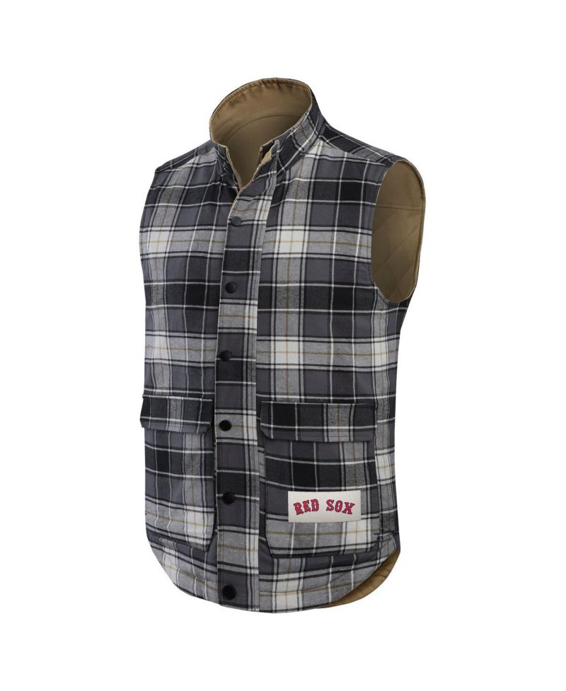 Darius Rucker Collection by Men's Tan/Charcoal Boston Red Sox Reversible Canvas Plaid Patch Full-Zip Vest