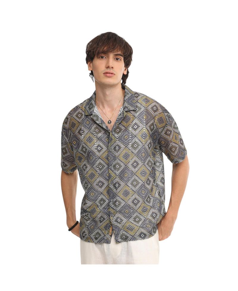 Men's Lapis Blue & Yellow Ochre Geometric Block Oversized Shirt