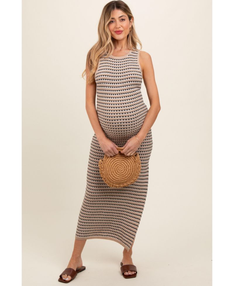 Women's Beige Striped Knit Fitted Sleeveless Maxi Dress
