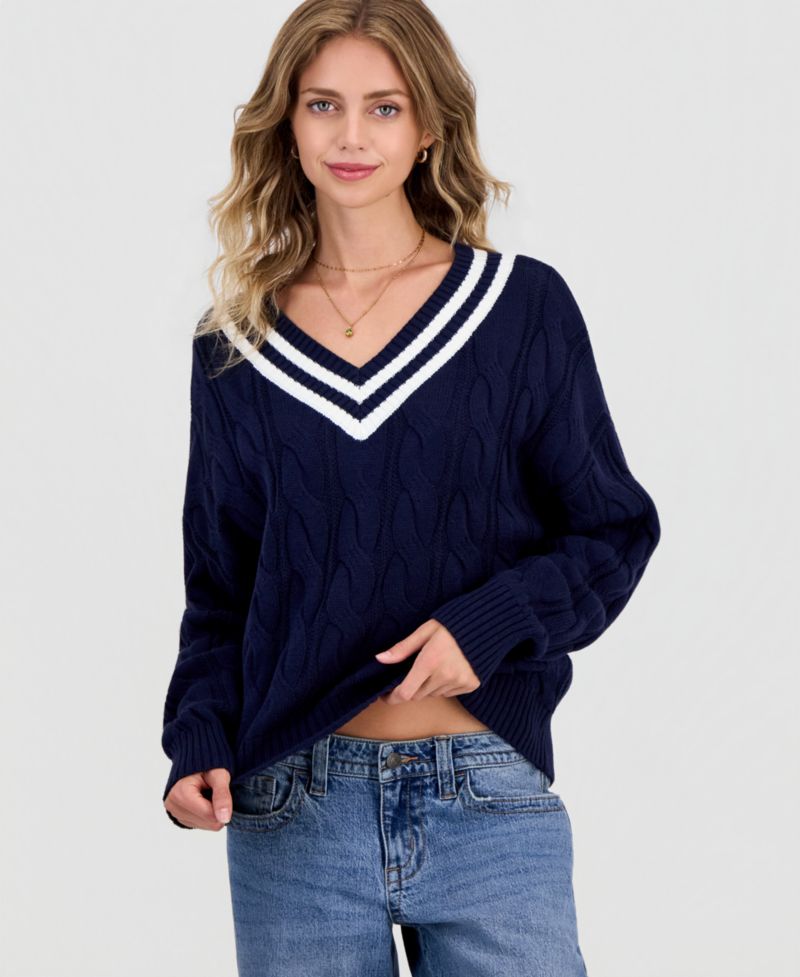 Juniors' V-Neck Varsity Cable-Knit Sweater
