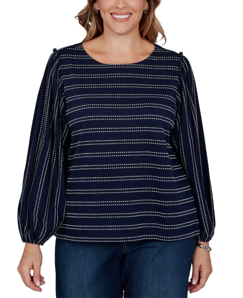 Plus Size Dobby Stripe Long-Sleeve Boat Neck Blouse