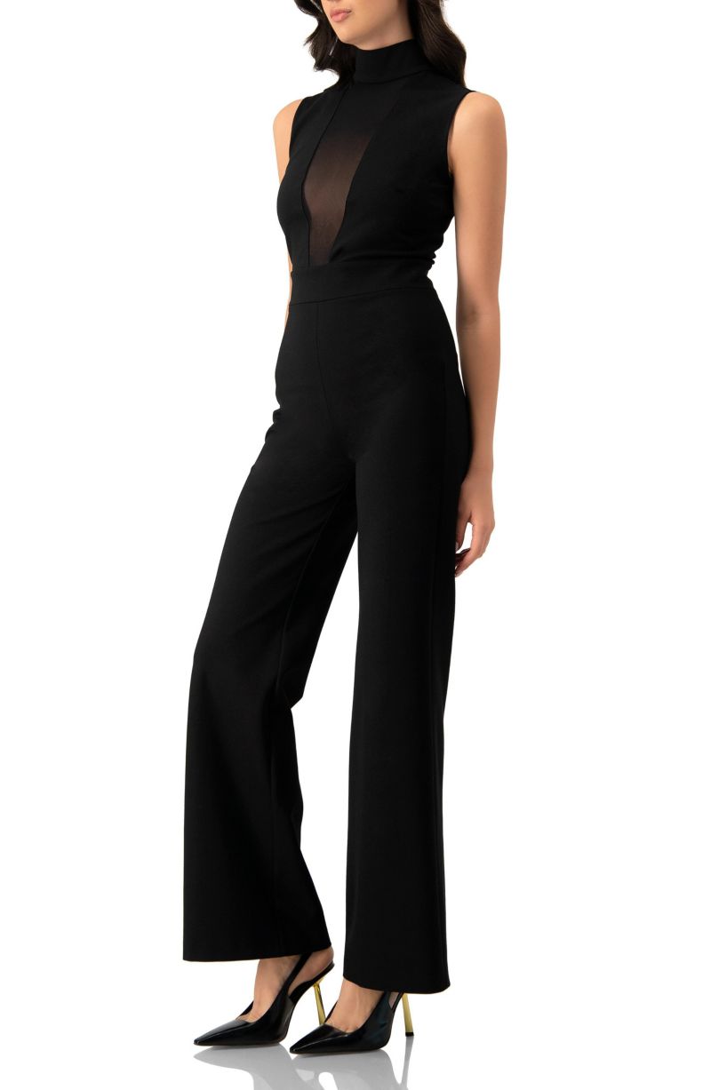 Women's High-Neck Jumpsuit with See-Though Neckline