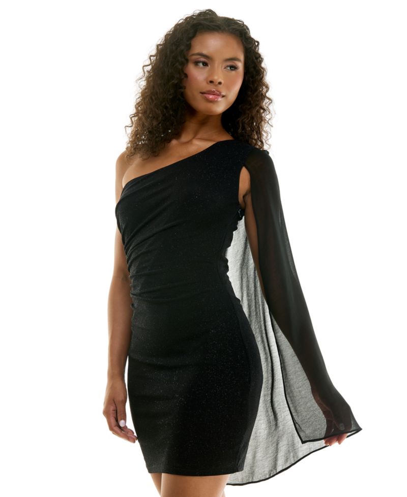Juniors' One-Shoulder Glitter Cape-Sleeve Dress