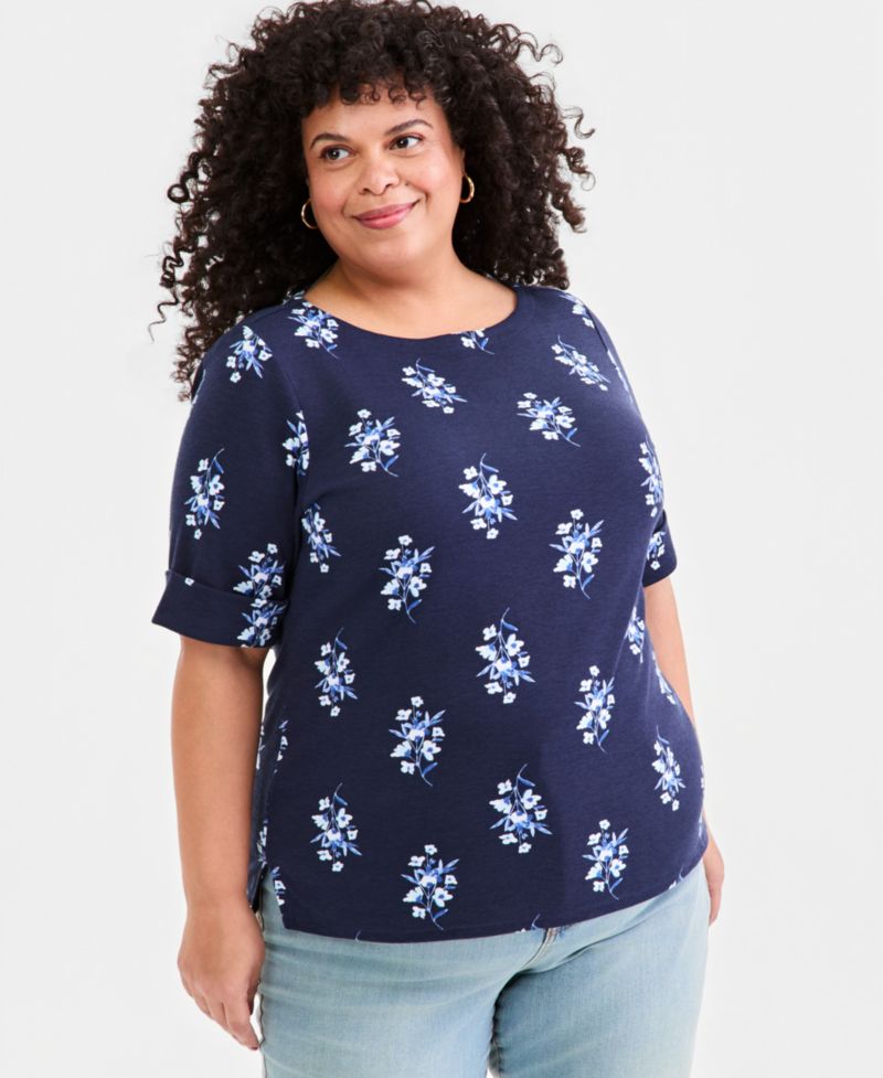 Plus Size Printed Boat-Neck Elbow-Sleeve Top