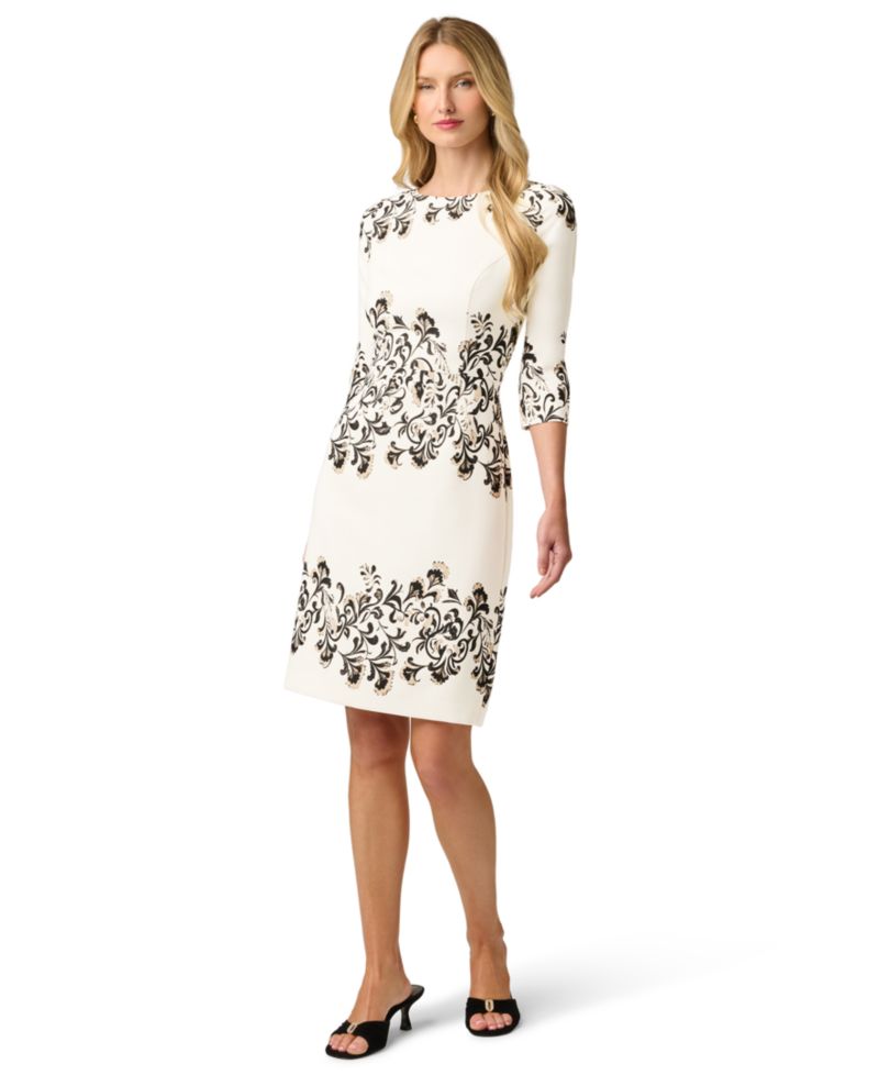 Petite Placement Print Floral Sheath Boat Neck Dress