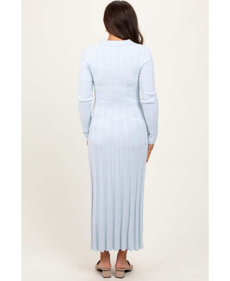 Maternity Light Blue Wide Ribbed Knit Collared Midi Dress