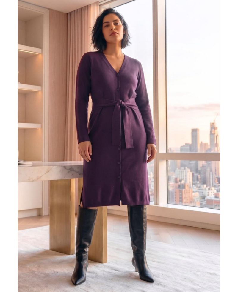 Plus Size Button-Front Long-Sleeve V-Neck Cardigan Sweater Dress