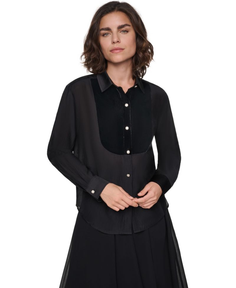 Petite Velvet Woven Long-Sleeve Point-Collar Blouse