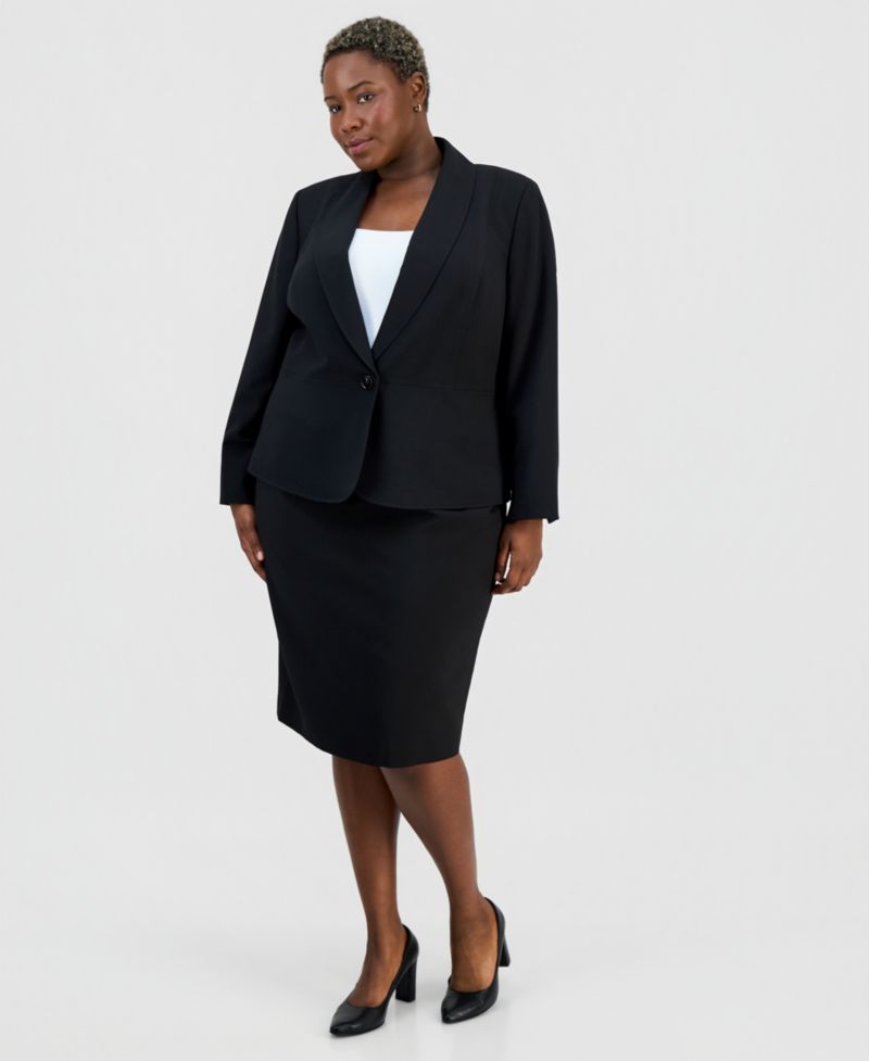 Plus Size Shawl-Collar One-Button Jacket & Yoked Slim Skirt Suit