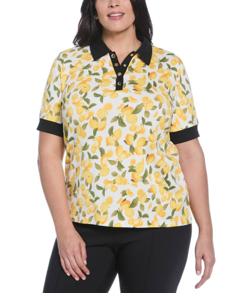 Plus Size Lemon Print Buttoned Elbow Length Sleeve Polo T-Shirt