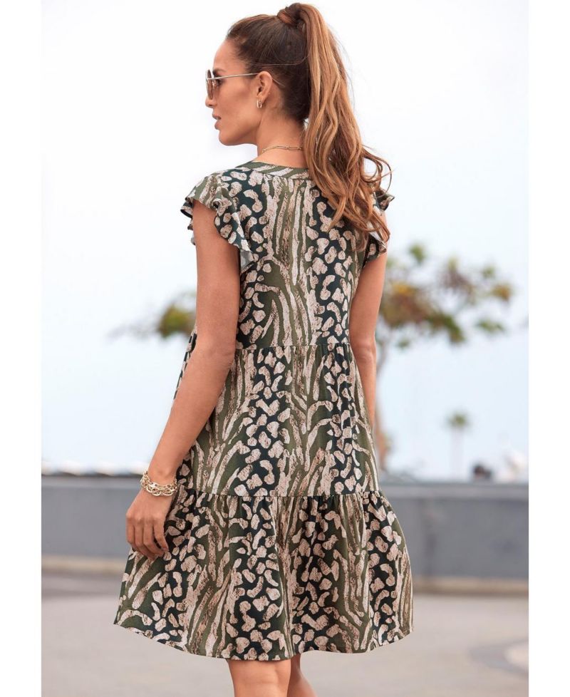 Women's Viscose Animal Print Tiered Ruffle-Trim Notch-Neck Short Dress