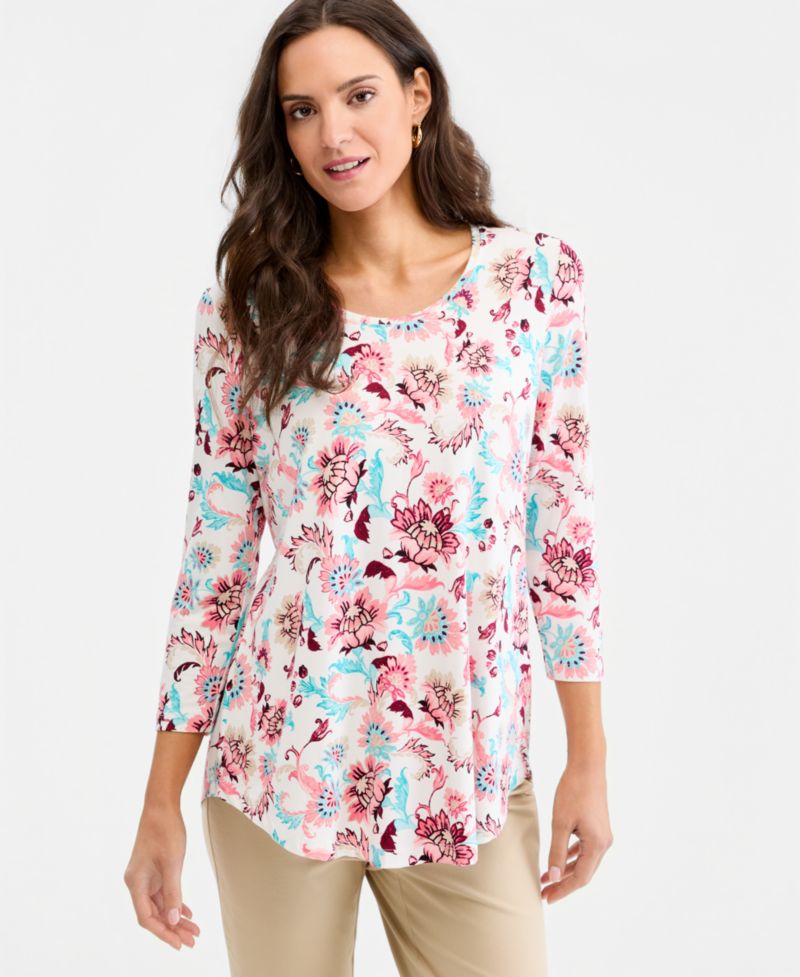 Petite Printed Scoop-Neck 3/4-Sleeve Top
