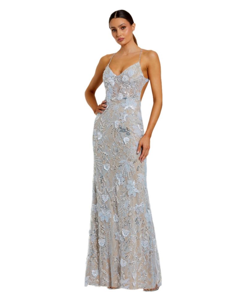 Women's Floral Embroidered Sleeveless Open Back Gown