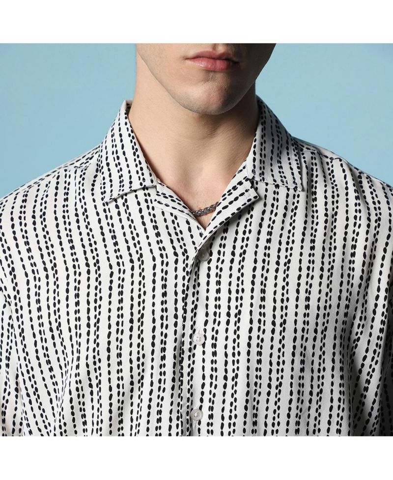 Men's Ivory White Dot Lined Shirt