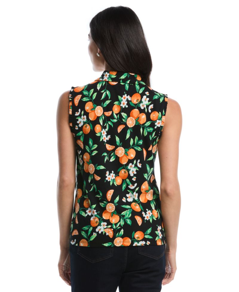 Petite Orange Print Ruffle-Trim Sleeveless Polo Shirt