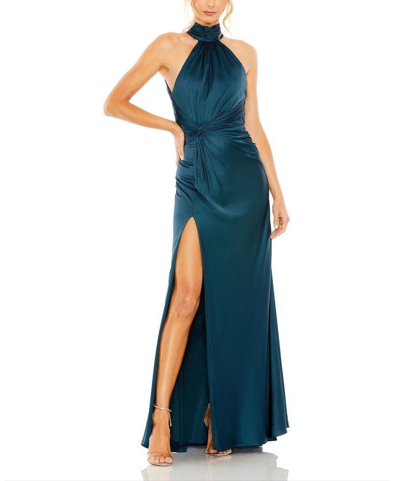 Women's Open Back High Neck Side Ruched Gown
